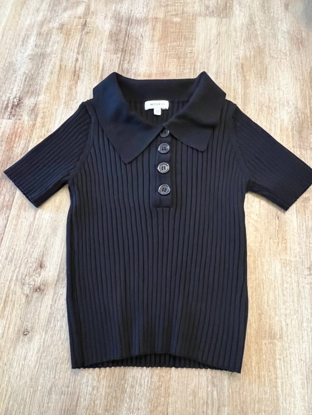 Better Be Black Ribbed Button-Down Stretchy Top Junior L